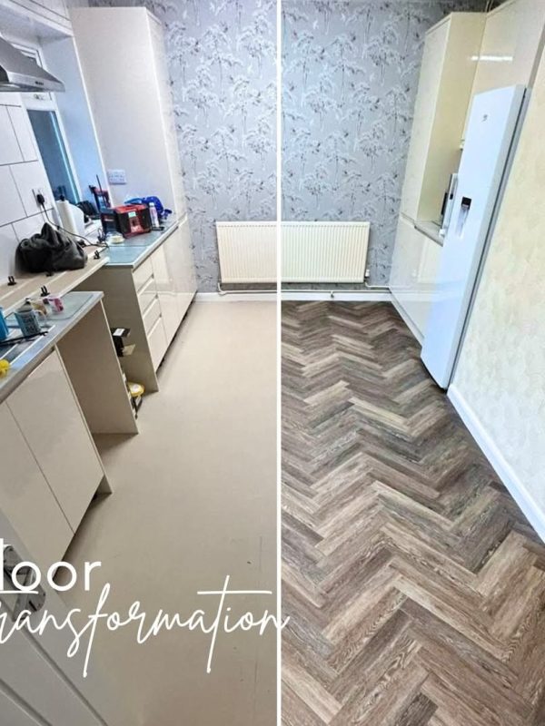 Before and after photos featuring Project Floors Aged Oak.
